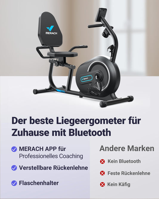 MERACH Liegeergometer Bluetooth – 8 Widerstandsstufen, App, LCD, Herzfrequenz, verstellbar