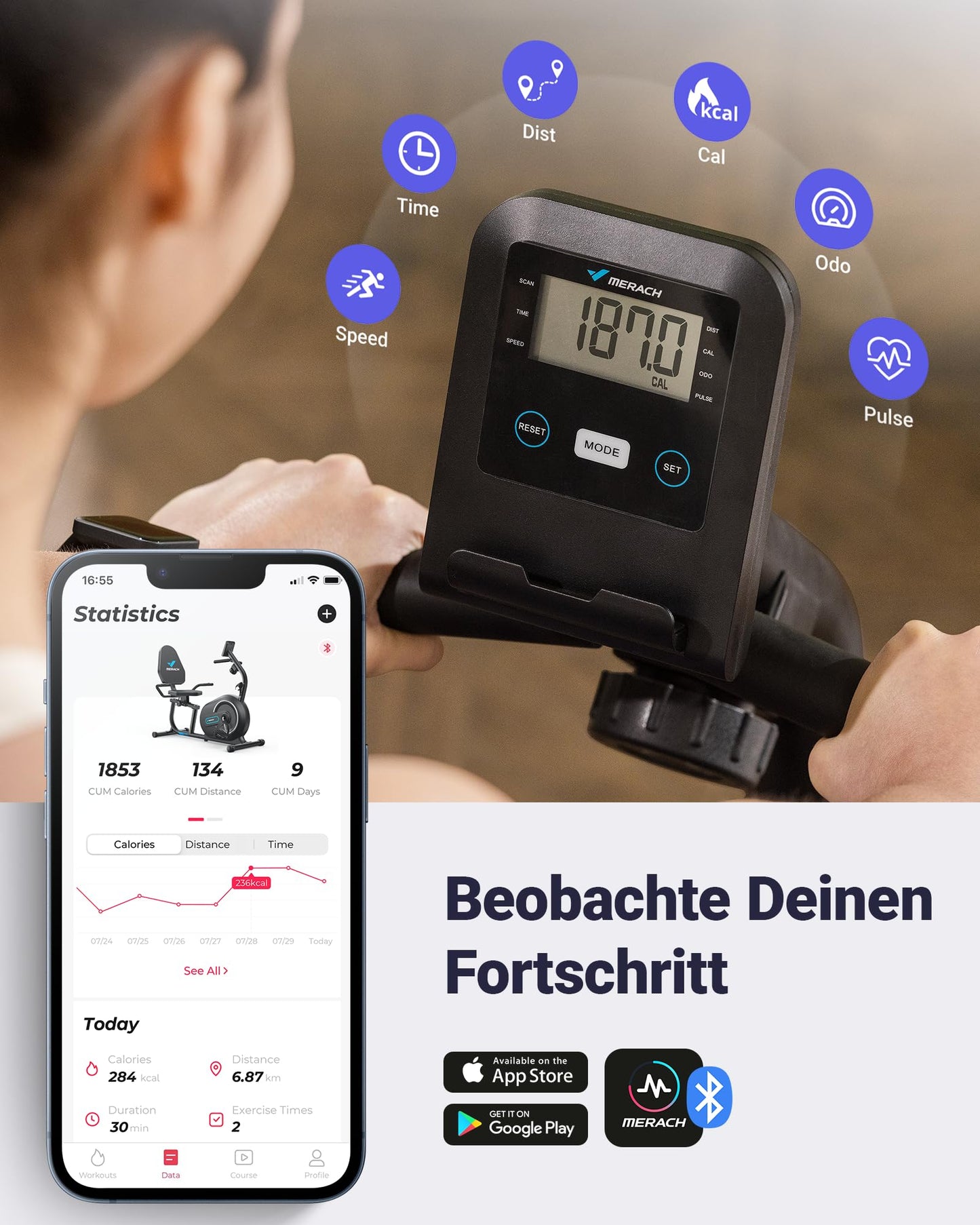 MERACH Liegeergometer Bluetooth – 8 Widerstandsstufen, App, LCD, Herzfrequenz, verstellbar