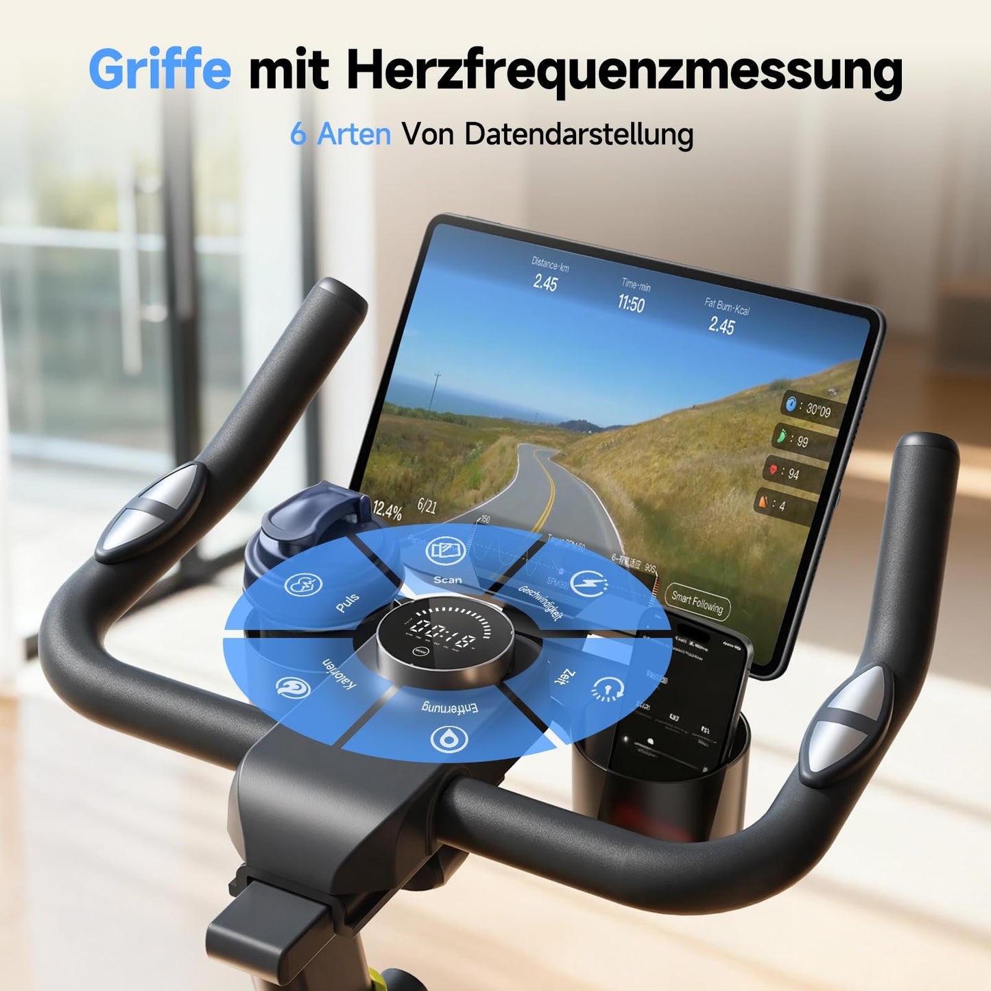 YPOO Spinning Bike Heimtrainer – Magnetwiderstand, App, LED, Komfortsitz, Tablet-Halter, bis 160kg