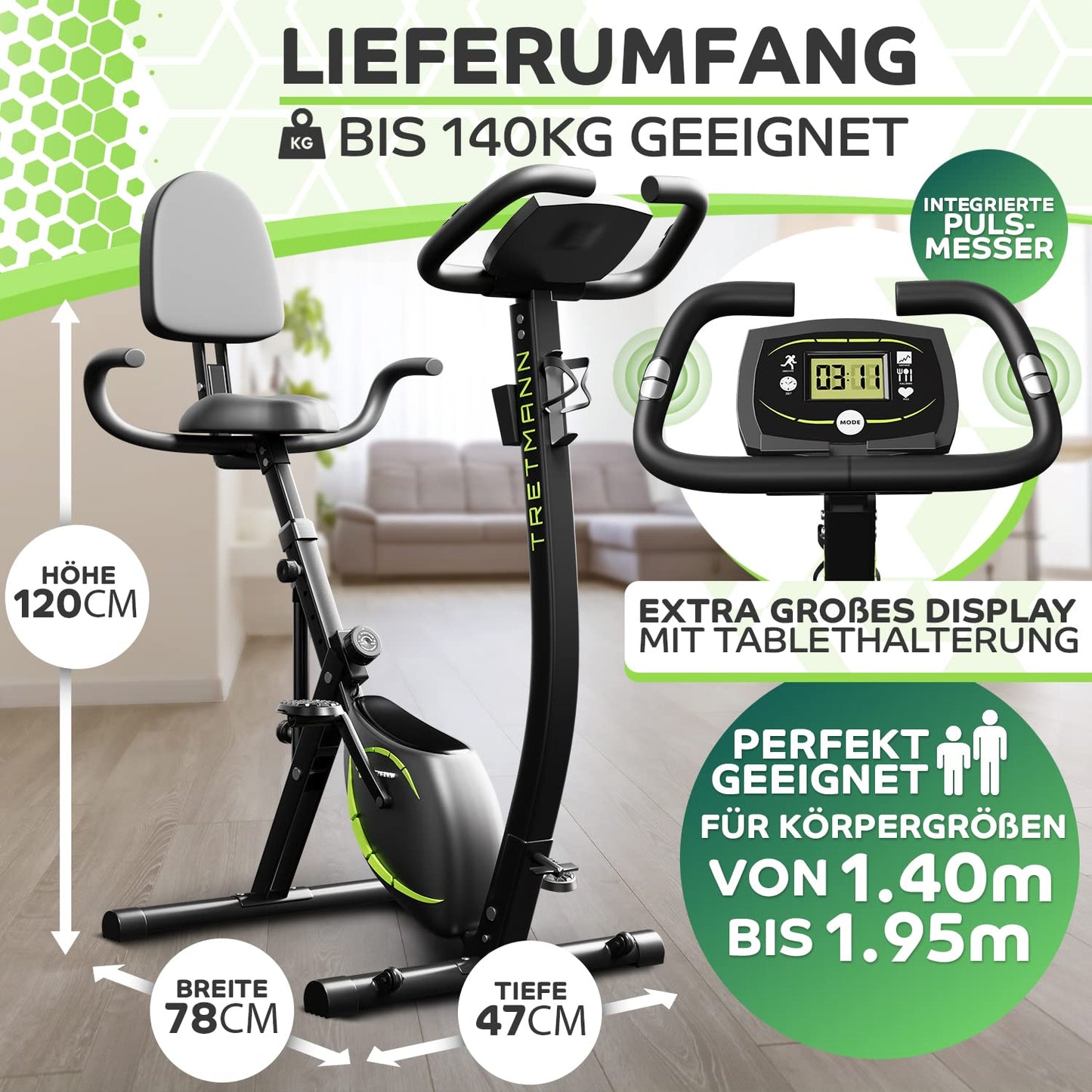 Tretmann Heimtrainer Fahrrad klappbar 3in1 – DEKRA geprüft | leise | SoftFoam | tiefer Einstieg