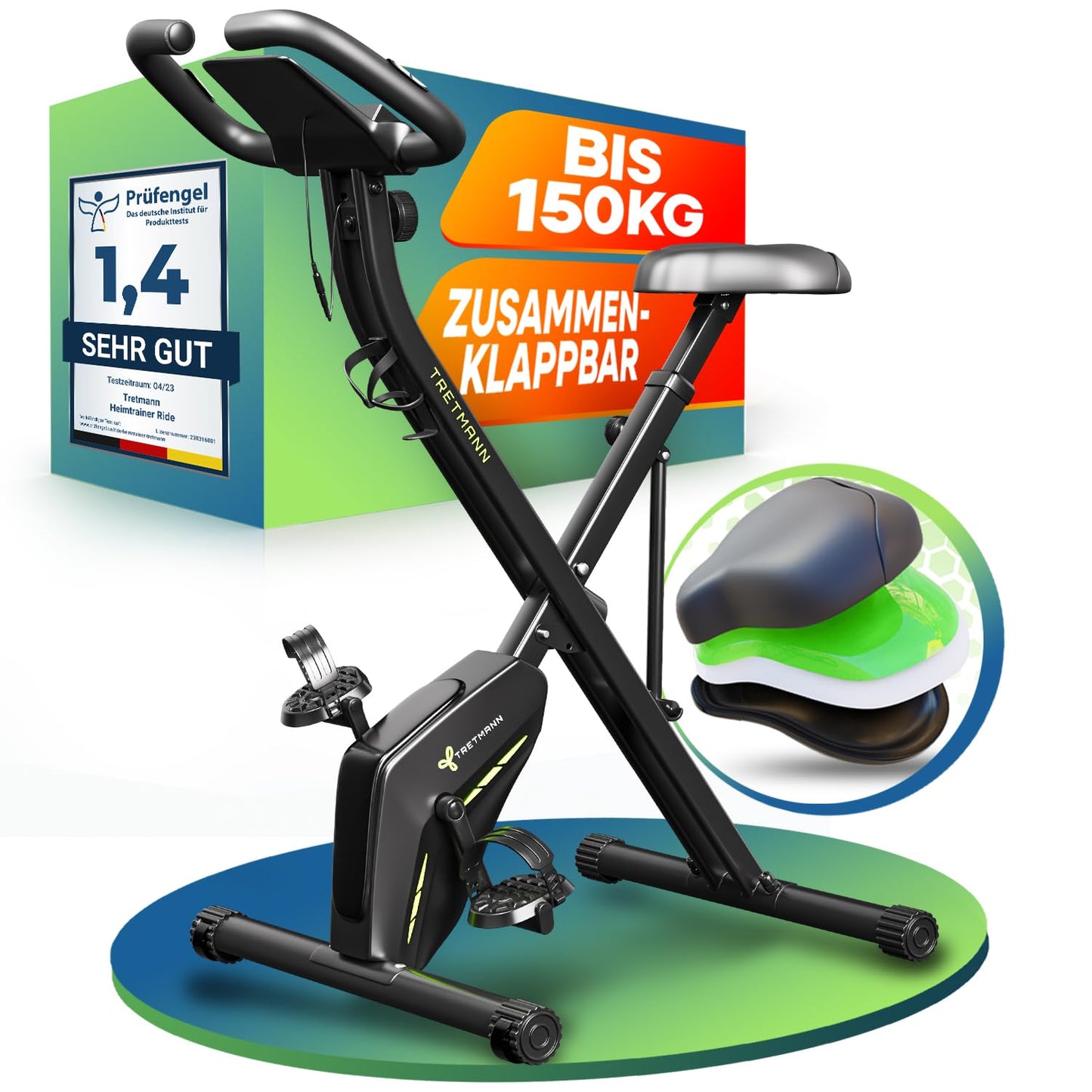Tretmann Heimtrainer Fahrrad klappbar – RelaxFoam, leise, bis 150kg, Ergometer, ideal für Senioren