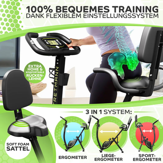 Tretmann Heimtrainer Fahrrad klappbar 3in1 – DEKRA geprüft | leise | SoftFoam | tiefer Einstieg