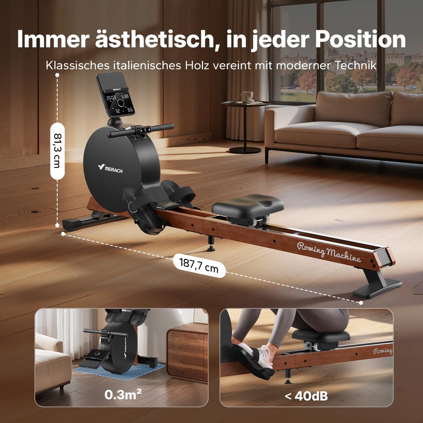 MERACH Rudergerät R7 klappbar – 60kg Magnetwiderstand, automatisch, LED/HD-Bildschirm, leise