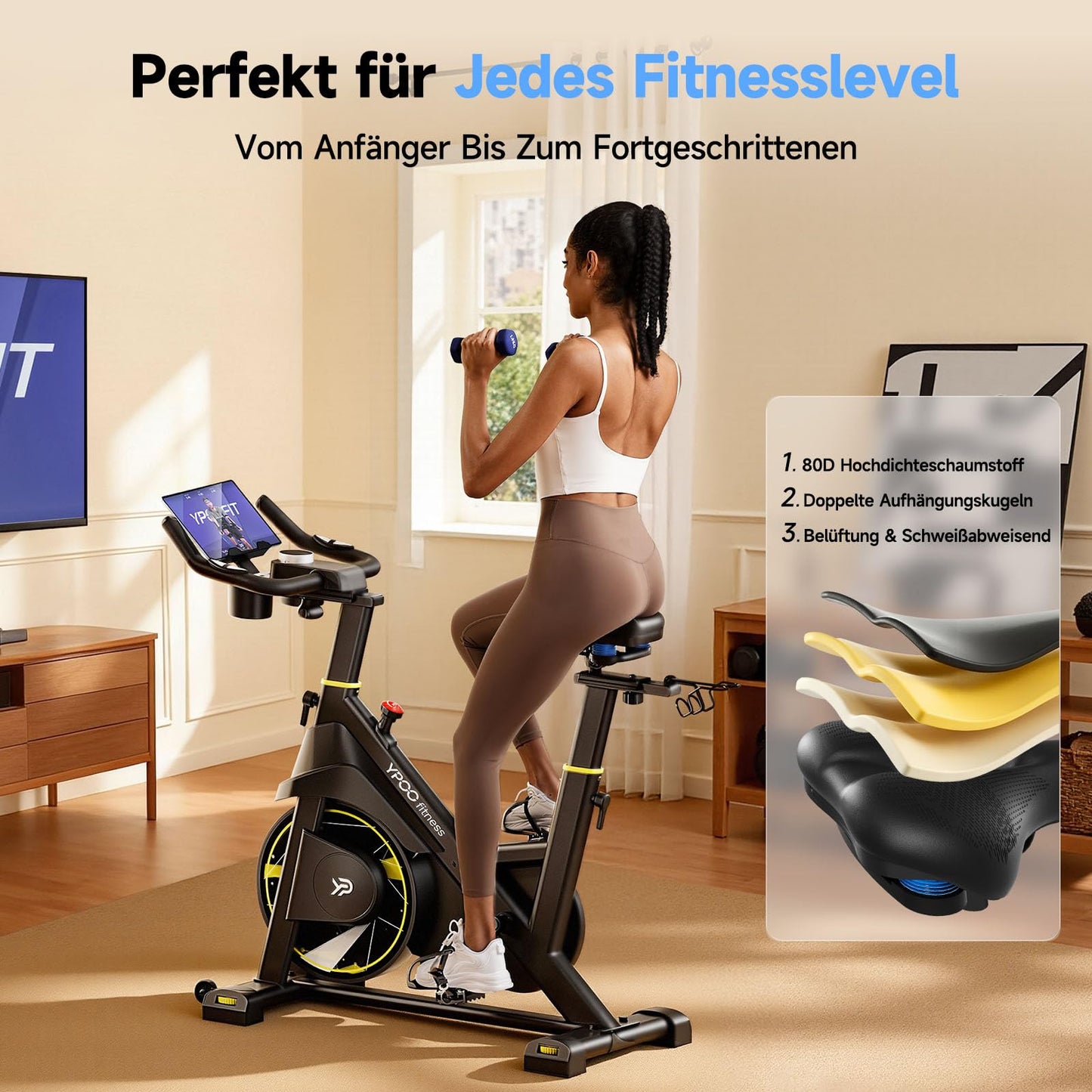 YPOO Spinning Bike Heimtrainer – Magnetwiderstand, App, LED, Komfortsitz, Tablet-Halter, bis 160kg