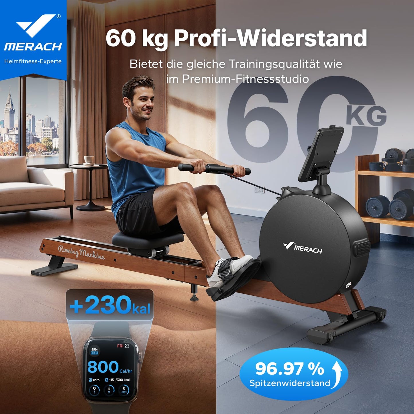 MERACH Rudergerät R7 klappbar – 60kg Magnetwiderstand, automatisch, LED/HD-Bildschirm, leise