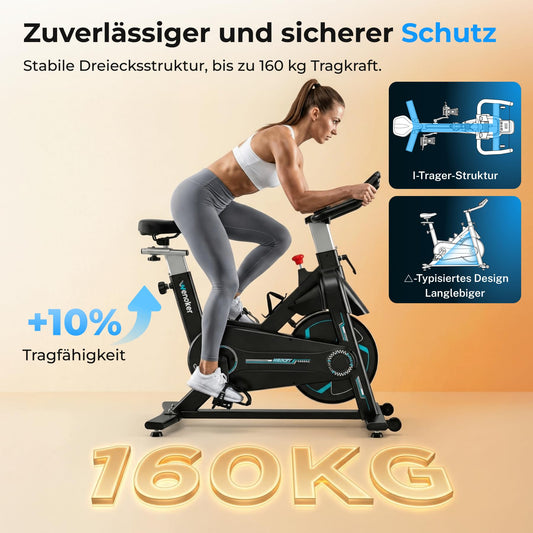 WENOKER Spinning Bike Heimtrainer – leise, App, verstellbarer Widerstand, bis 160kg, Tablet-Halter