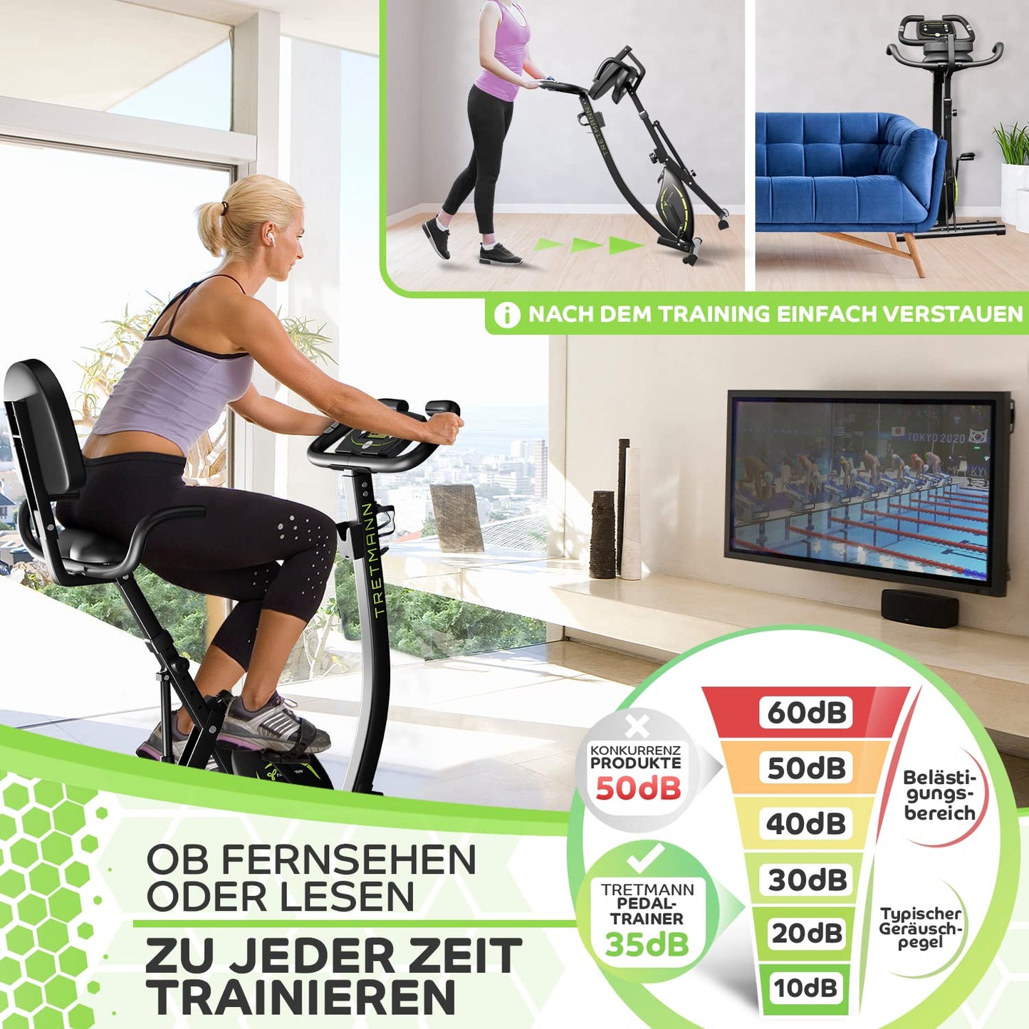 Tretmann Heimtrainer Fahrrad klappbar 3in1 – DEKRA geprüft | leise | SoftFoam | tiefer Einstieg