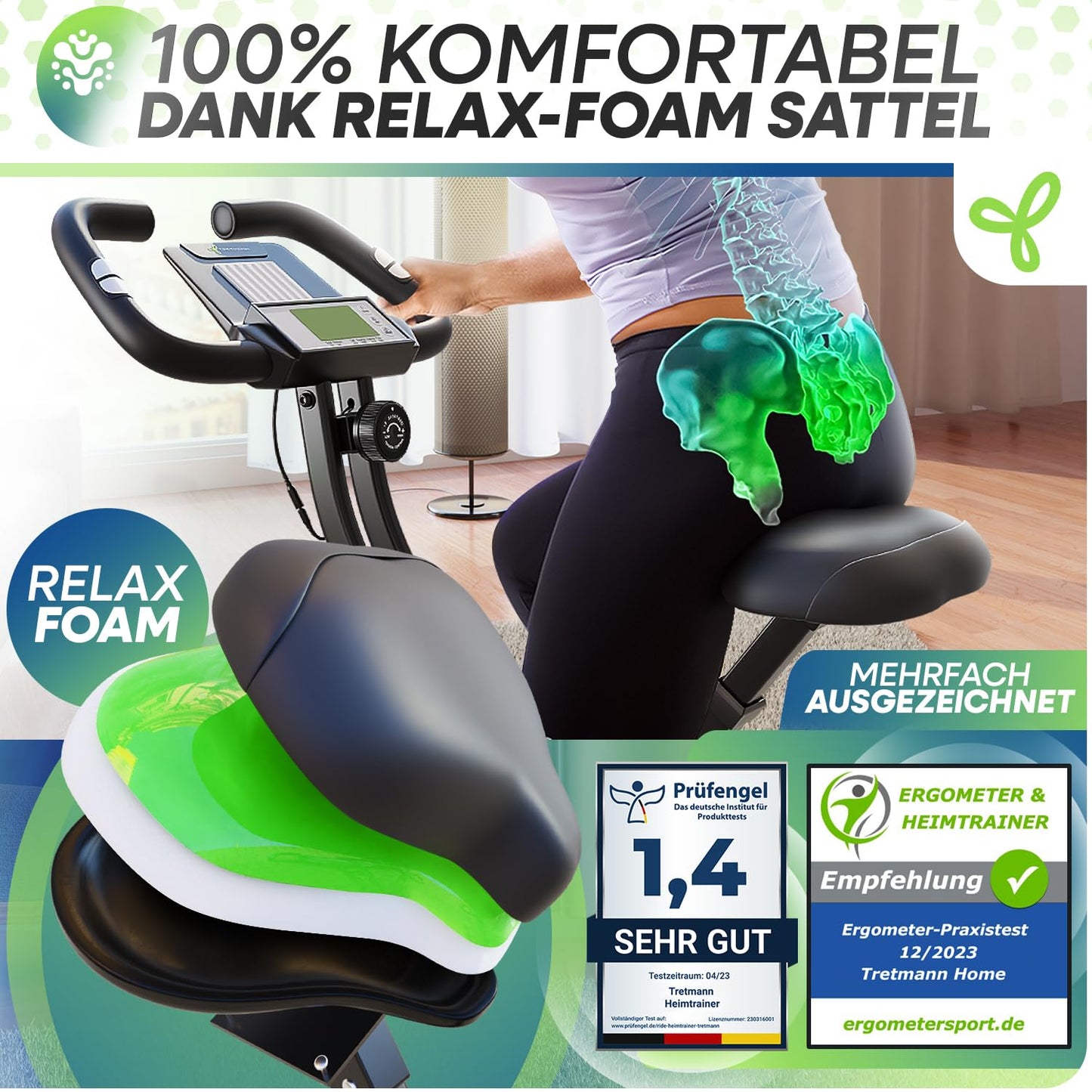 Tretmann Heimtrainer Fahrrad klappbar – RelaxFoam, leise, bis 150kg, Ergometer, ideal für Senioren