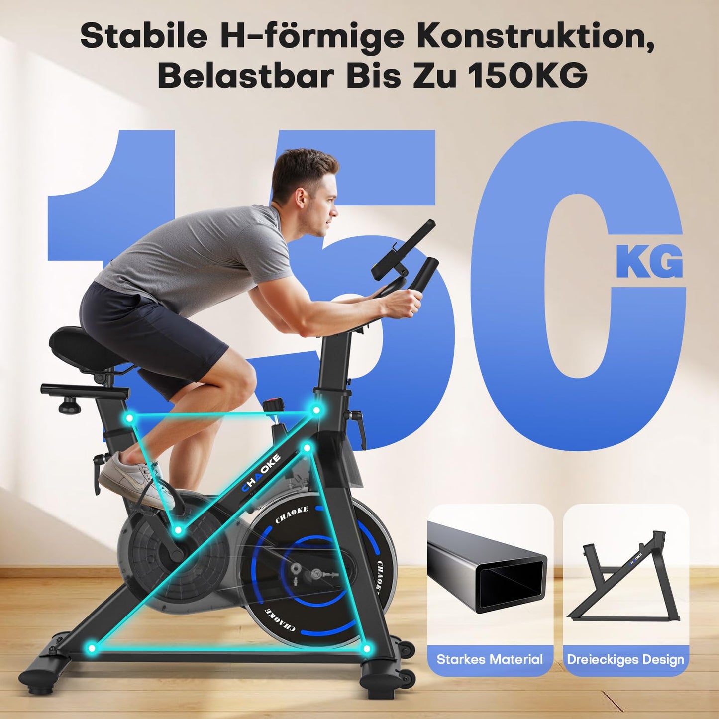 CHAOKE Ergometer Heimtrainer Fahrrad – stufenloser Magnetwiderstand, App, LCD, leise, bis 150kg