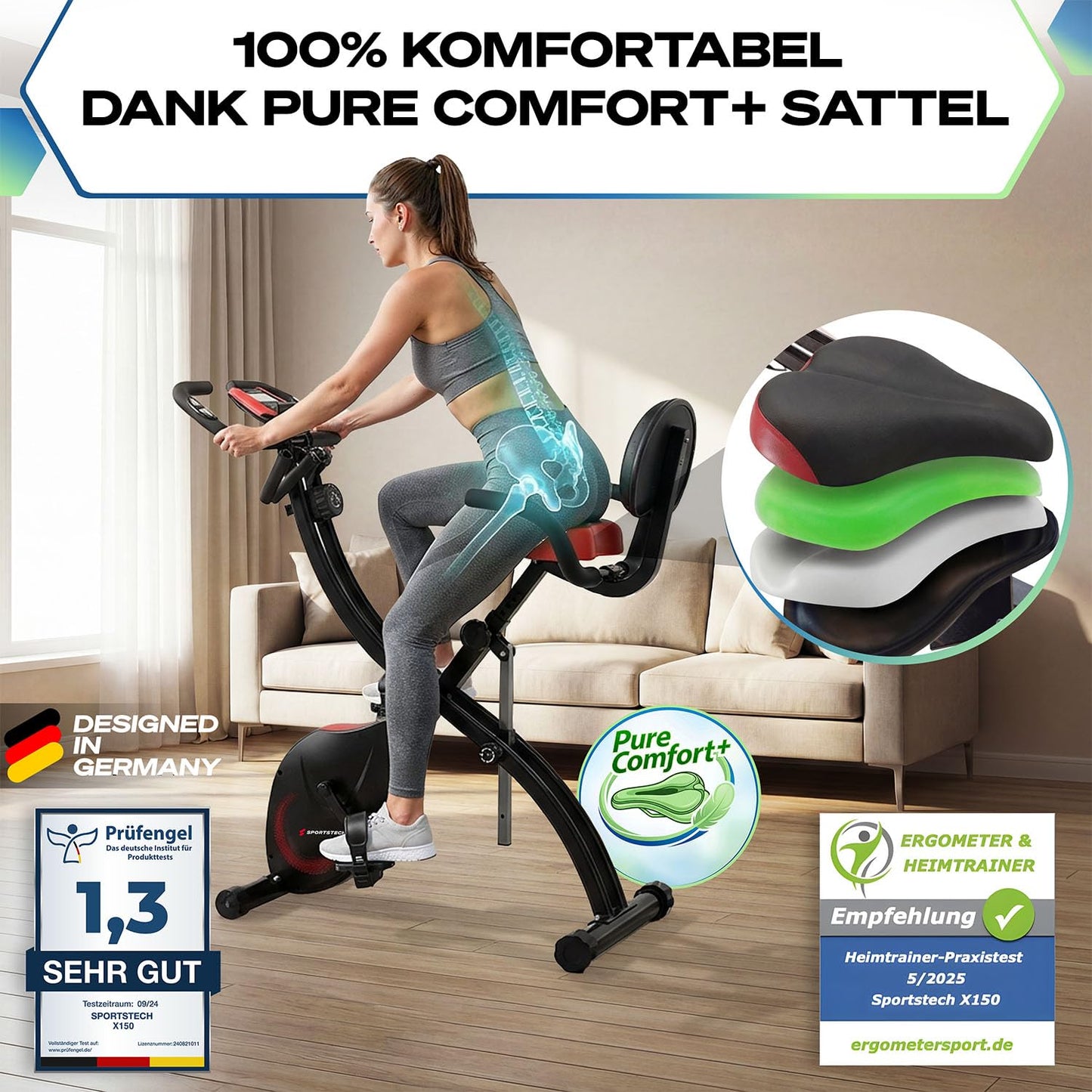 Sportstech X150 Heimtrainer klappbar 3in1 – Liegeergometer, App, 8 Stufen, LCD, leise, bis 150kg
