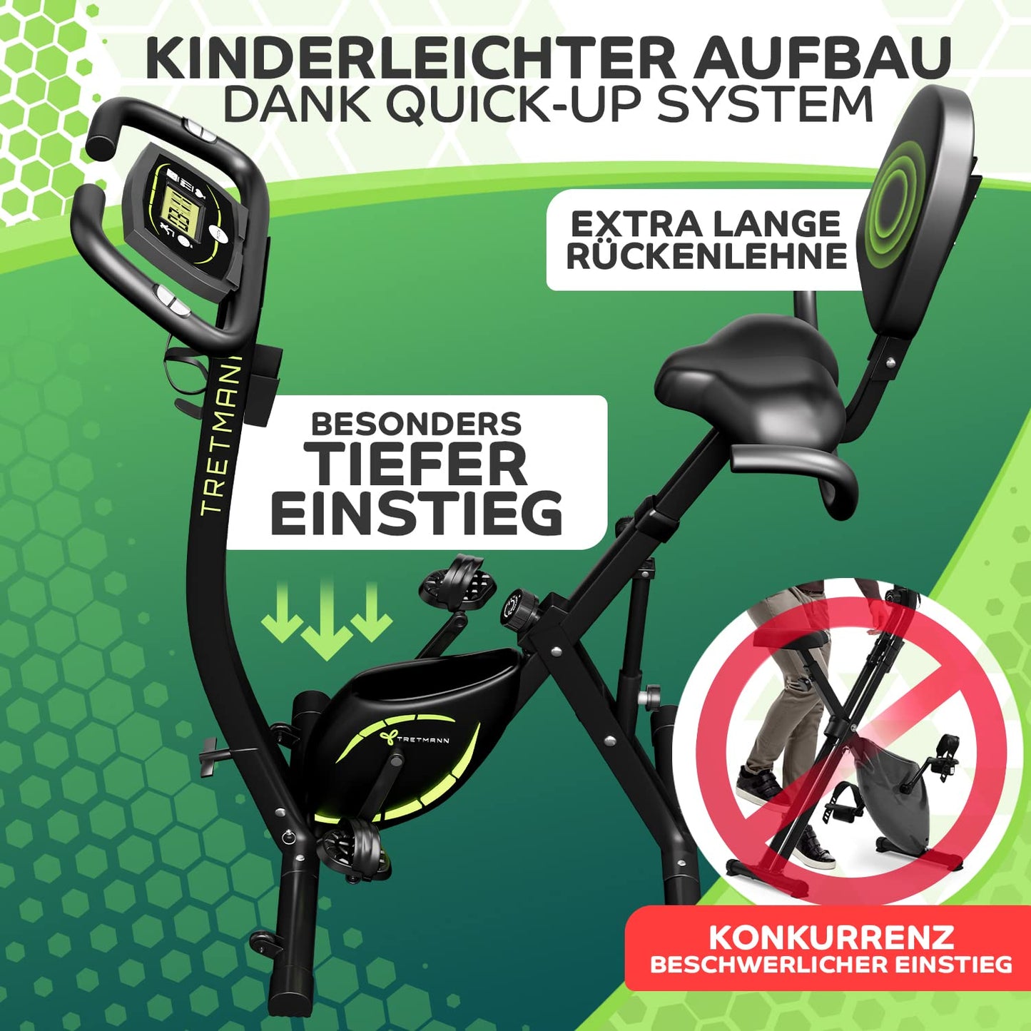 Tretmann Heimtrainer Fahrrad klappbar 3in1 – DEKRA geprüft | leise | SoftFoam | tiefer Einstieg