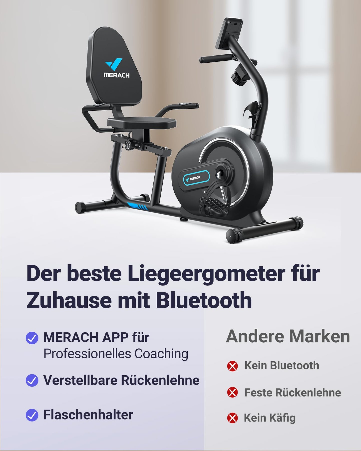 MERACH Liegeergometer Bluetooth – 8 Widerstandsstufen, App, LCD, Herzfrequenz, verstellbar