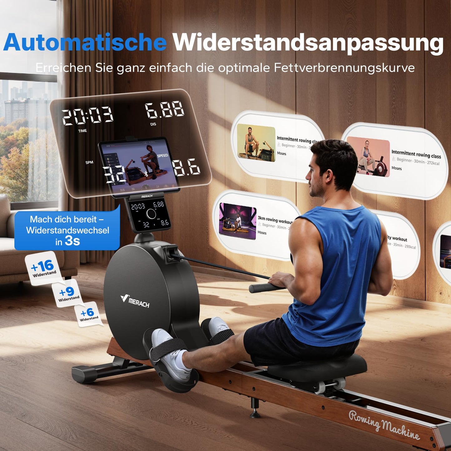 MERACH Rudergerät R7 klappbar – 60kg Magnetwiderstand, automatisch, LED/HD-Bildschirm, leise