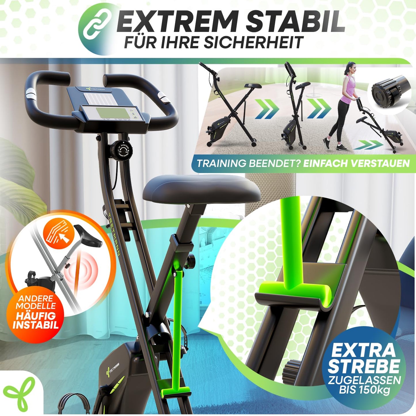 Tretmann Heimtrainer Fahrrad klappbar – RelaxFoam, leise, bis 150kg, Ergometer, ideal für Senioren