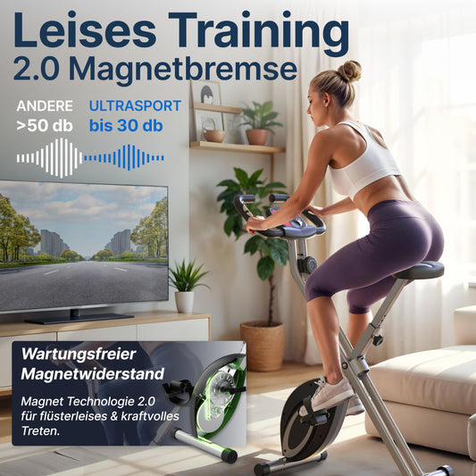 Ultrasport Heimtrainer Fahrrad klappbar – Komfort-Sattel, Ergometer, leise, Indoor Bike, stabil