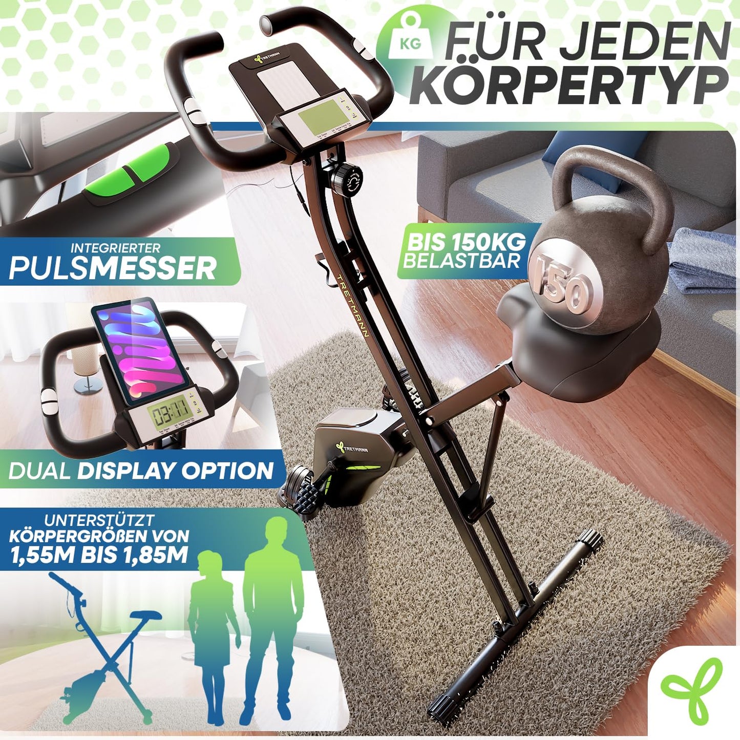 Tretmann Heimtrainer Fahrrad klappbar – RelaxFoam, leise, bis 150kg, Ergometer, ideal für Senioren