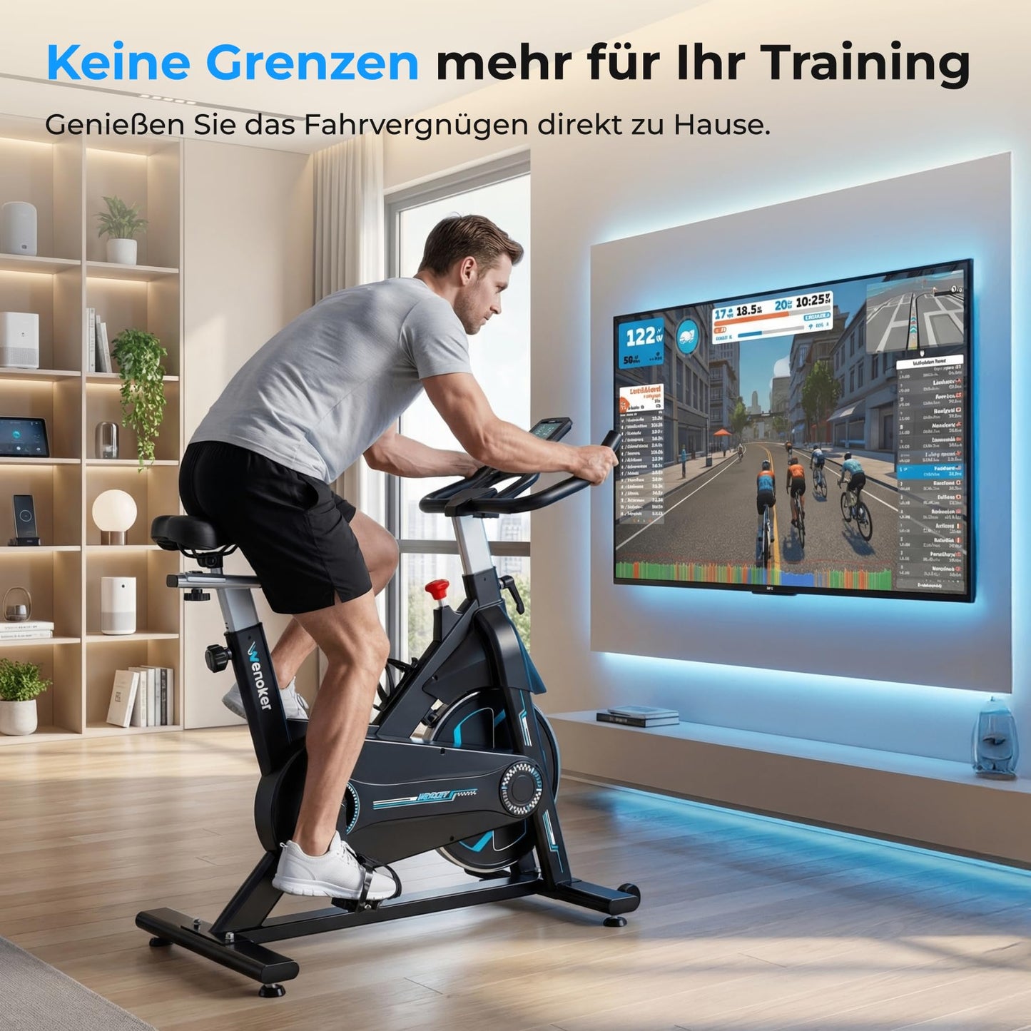 WENOKER Spinning Bike Heimtrainer – leise, App, verstellbarer Widerstand, bis 160kg, Tablet-Halter