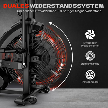 Eryntix Air Bike Heimtrainer – Luft & Magnetwiderstand, Ganzkörpertraining, App, LCD, leise