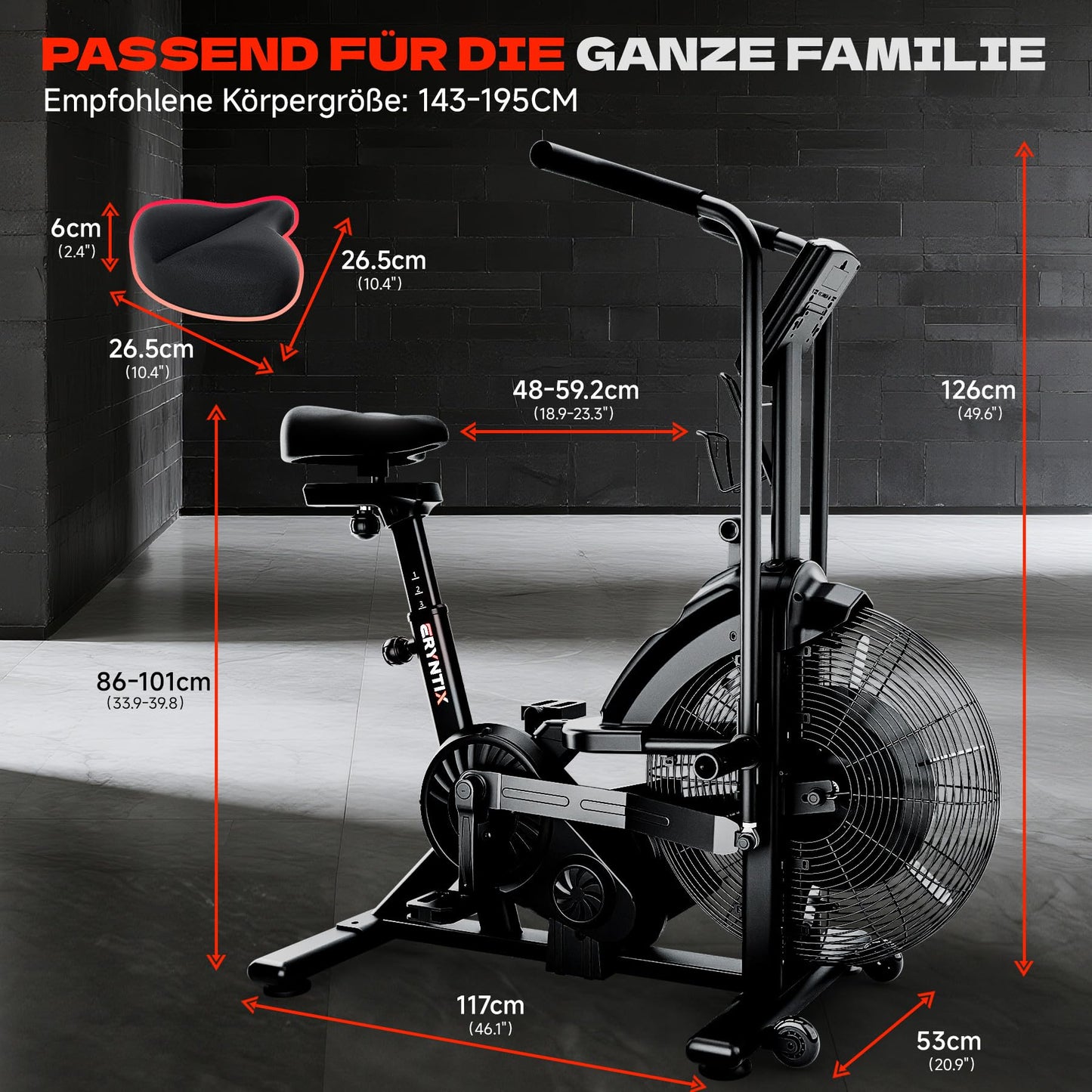 Eryntix Air Bike Heimtrainer – Luft & Magnetwiderstand, Ganzkörpertraining, App, LCD, leise