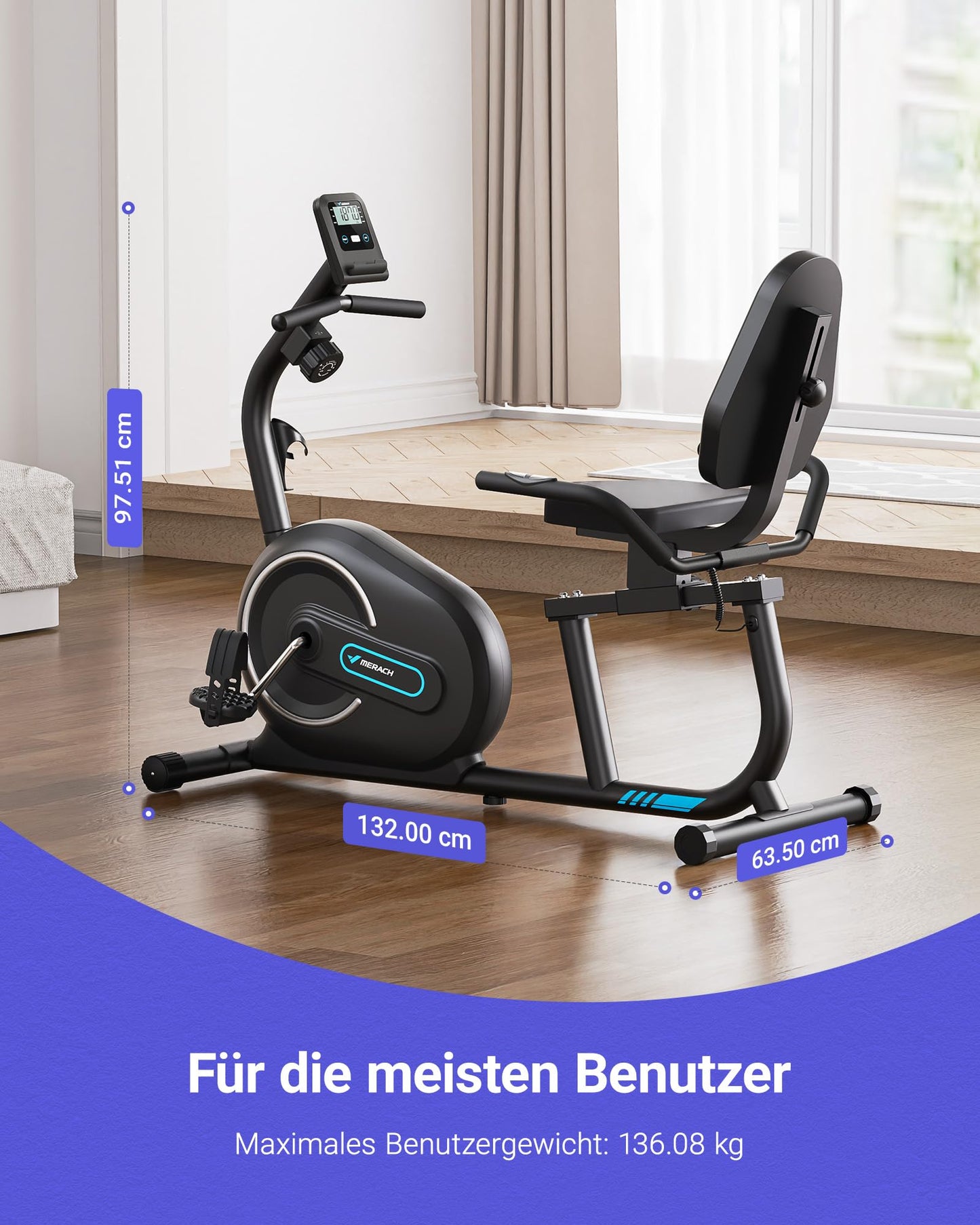 MERACH Liegeergometer Bluetooth – 8 Widerstandsstufen, App, LCD, Herzfrequenz, verstellbar