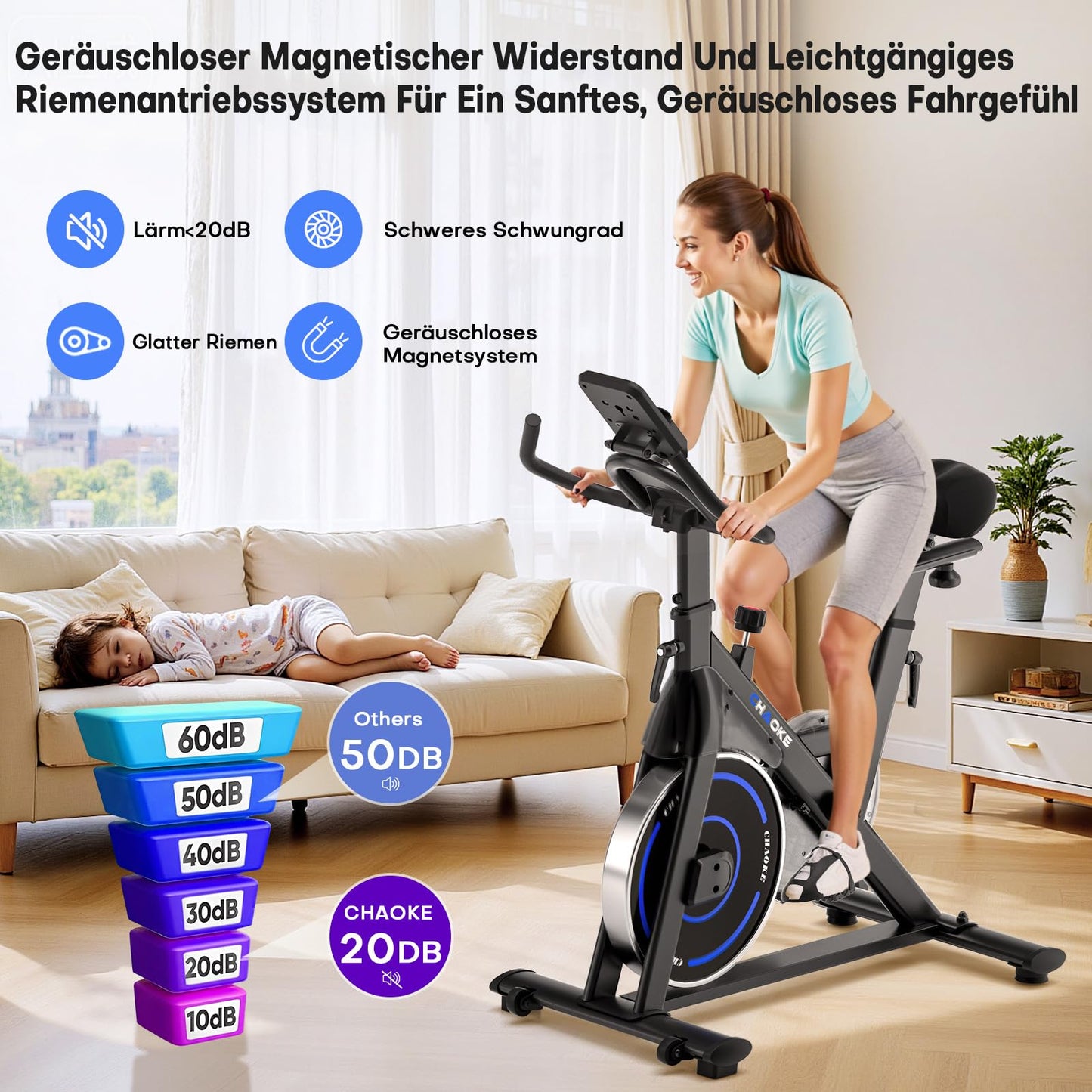 CHAOKE Ergometer Heimtrainer Fahrrad – stufenloser Magnetwiderstand, App, LCD, leise, bis 150kg