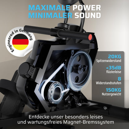 SportPlus Rudergerät klappbar – Designed in Germany, 8 Widerstandsstufen, Magnetbremse, 8kg