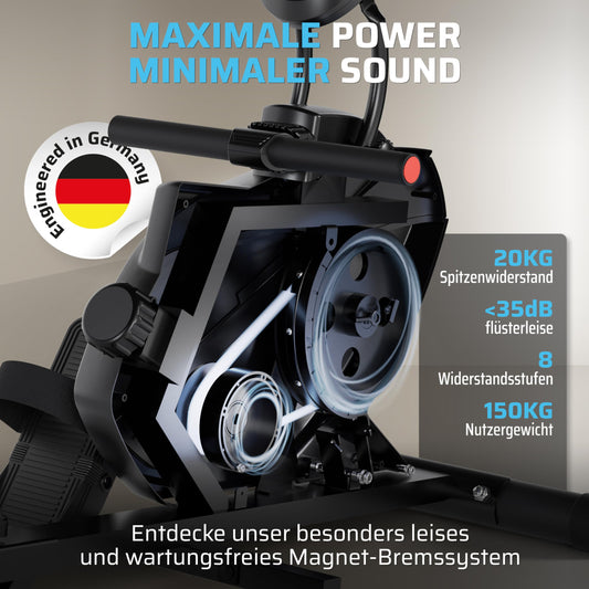 SportPlus Rudergerät klappbar – Designed in Germany, 8 Widerstandsstufen, Magnetbremse, 8kg