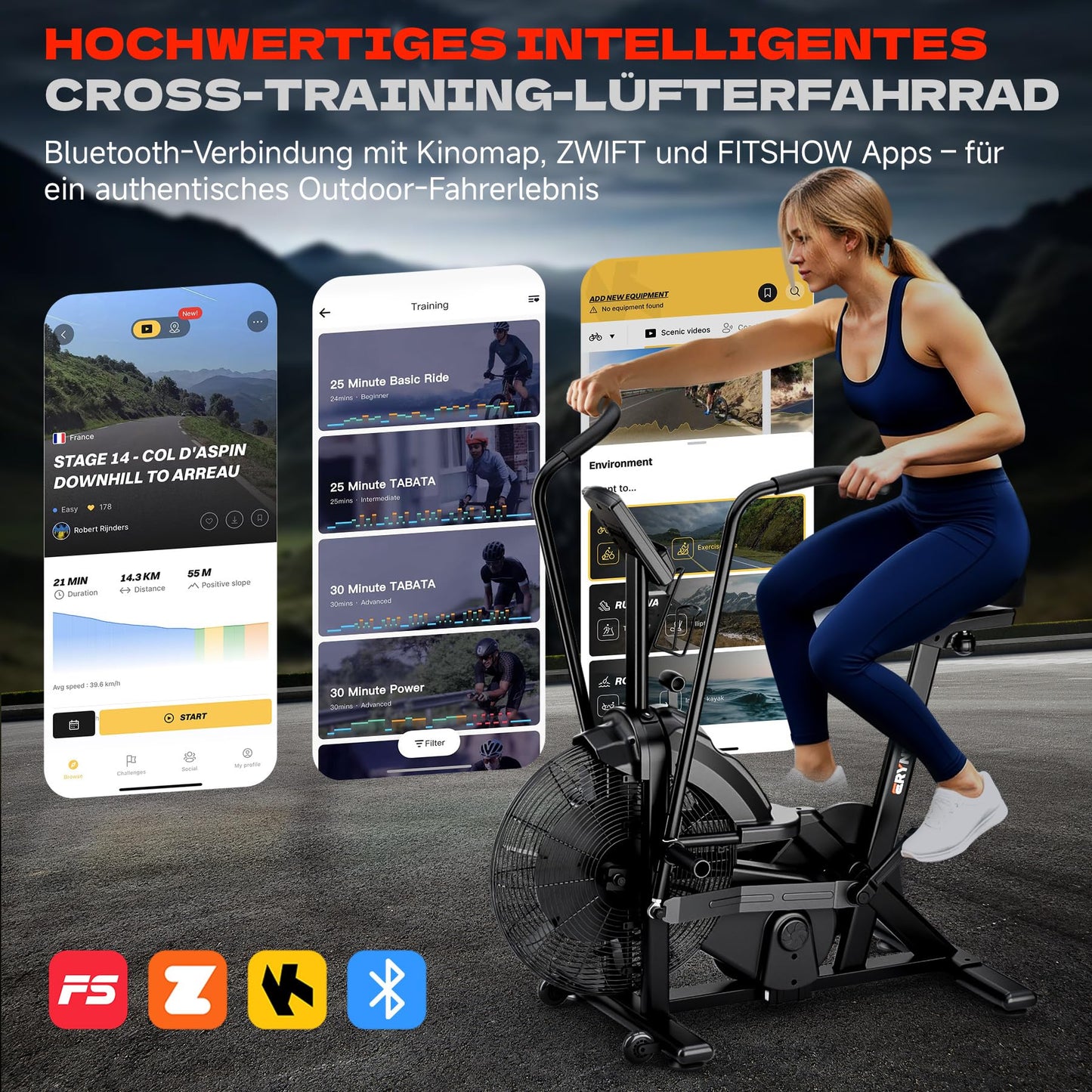 Eryntix Air Bike Heimtrainer – Luft & Magnetwiderstand, Ganzkörpertraining, App, LCD, leise