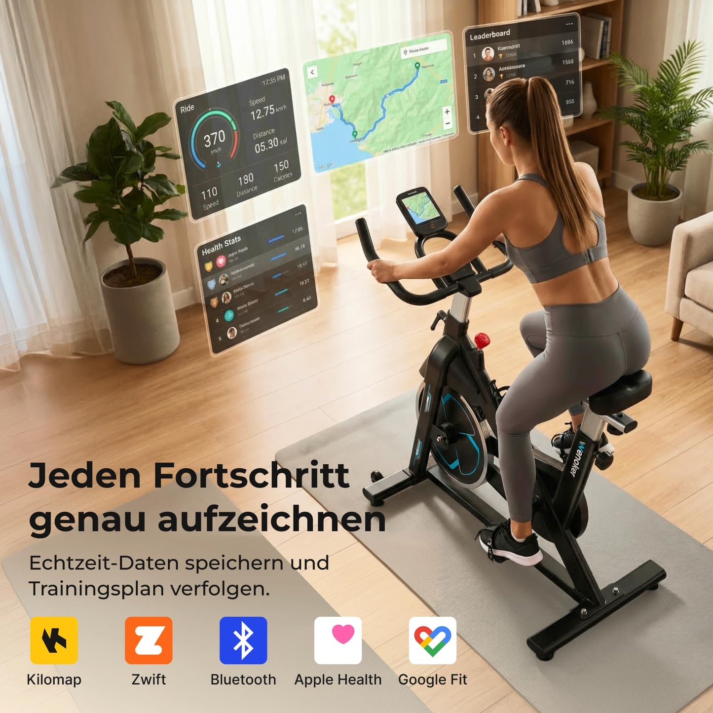 WENOKER Spinning Bike Heimtrainer – leise, App, verstellbarer Widerstand, bis 160kg, Tablet-Halter