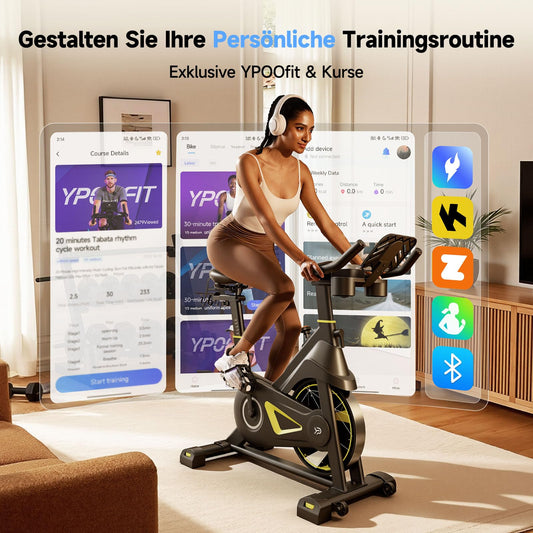 YPOO Spinning Bike Heimtrainer – Magnetwiderstand, App, LED, Komfortsitz, Tablet-Halter, bis 160kg