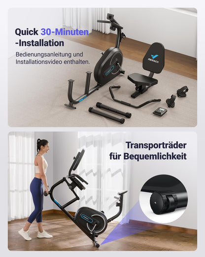 MERACH Liegeergometer Bluetooth – 8 Widerstandsstufen, App, LCD, Herzfrequenz, verstellbar